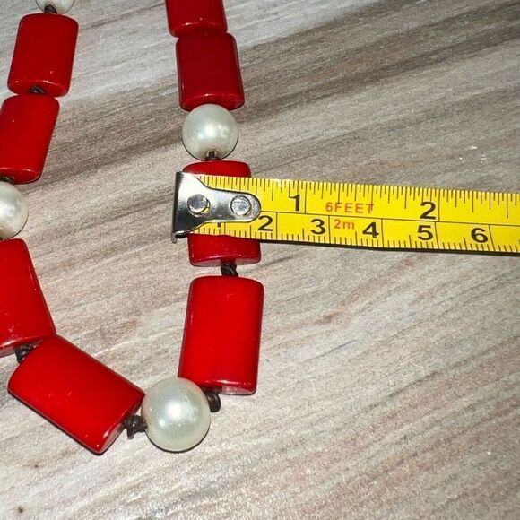 Vintage Knotted Pearl Bead Necklace Women’s Red And White Retrocore Bohemian - Picture 7 of 8